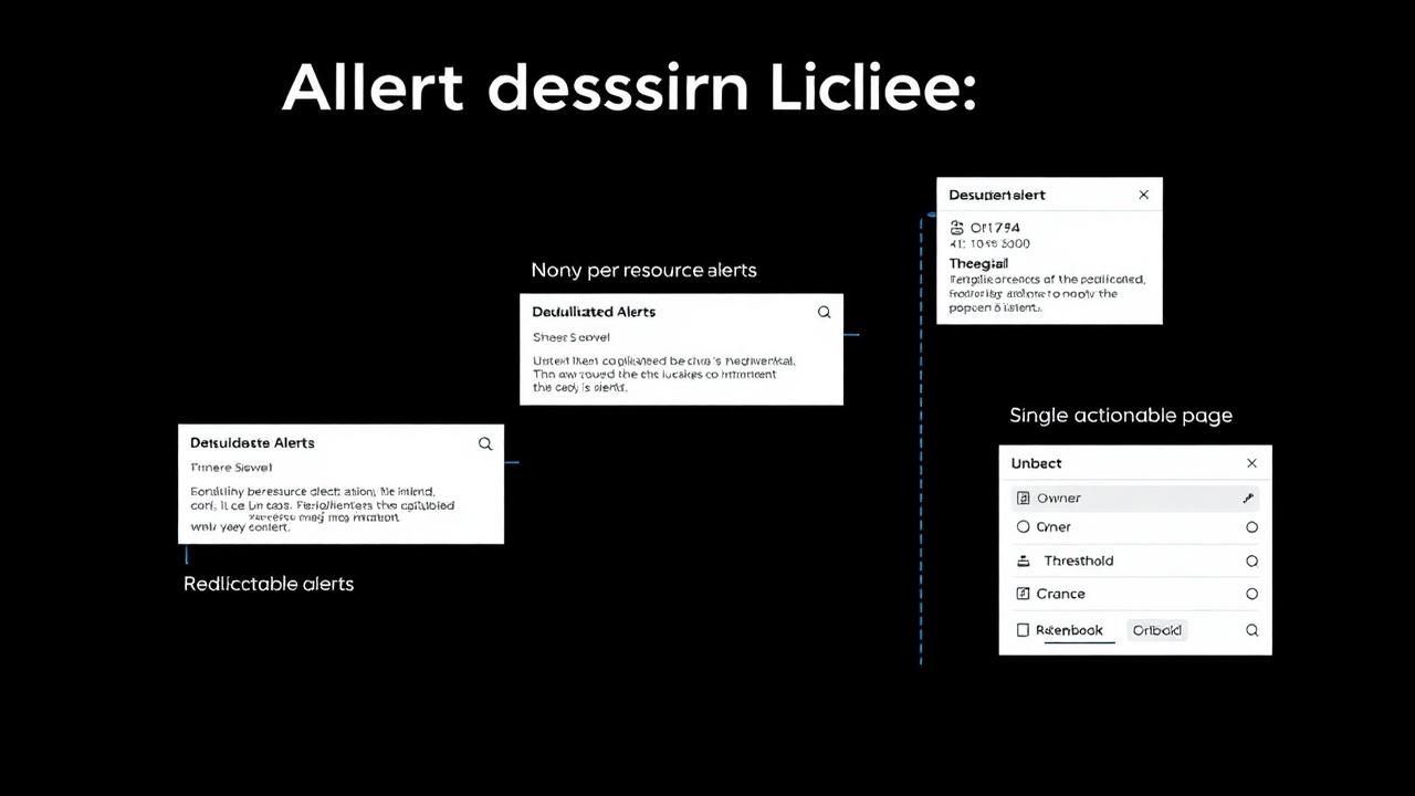 Alert ladder from noisy raw alert through deduplicated, enriched and routed alert to an actionable alert with owner, diff and runbook link.