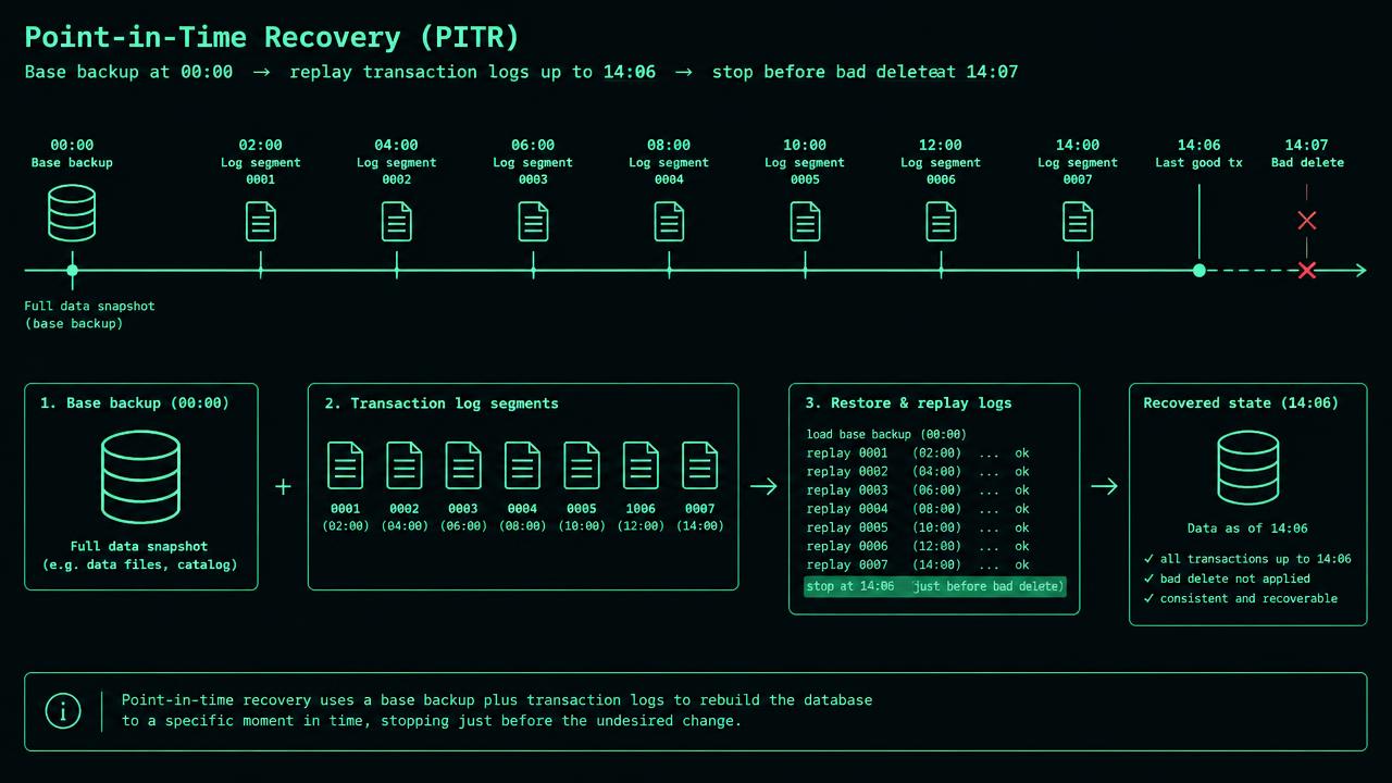 A timeline starts with a 00:00 base backup followed by sequential archived transaction-log segments. A restore arrow replays segments to 14:06 and stops before a red destructive commit at 14:07. A separate isolated recovery box shows record validation and a stopwatch labelled RTO 60 minutes, beside RPO five minutes.