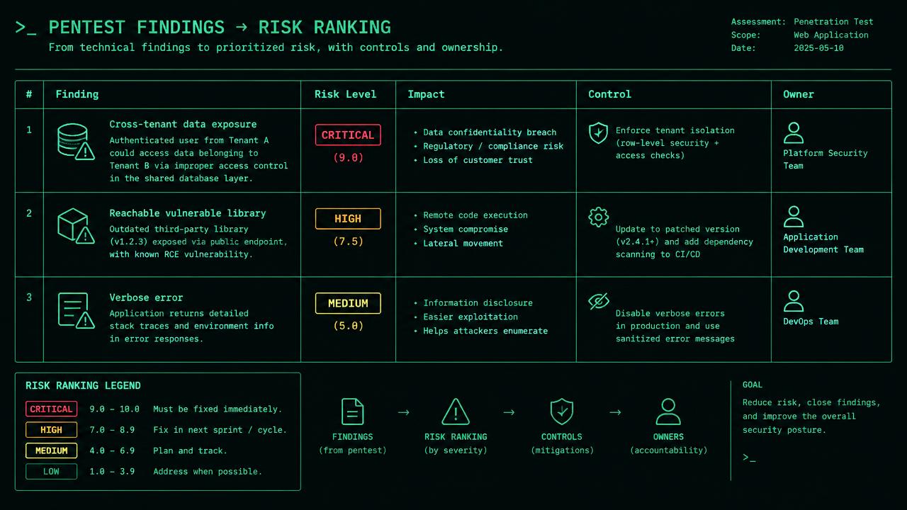 Three finding boxes feed a business-priority table: cross-patient API disclosure maps to critical, reachable vulnerable parser maps to high, and version banner maps to low. Separate columns show authentication prerequisite, production exposure, sensitive-data consequence and unchanged technical score; arrows emphasise contextual ranking rather than numeric sorting.