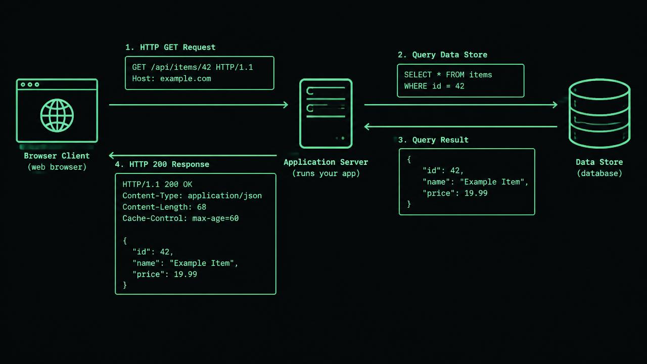 Three boxes labelled browser client, application server, and billing store. Arrow to server reads GET /bills/42?view=summary with Host portal.example.test:8443; return arrow reads 200 plus headers and body. A separate browser-only fragment box labelled #total has no outgoing network arrow.