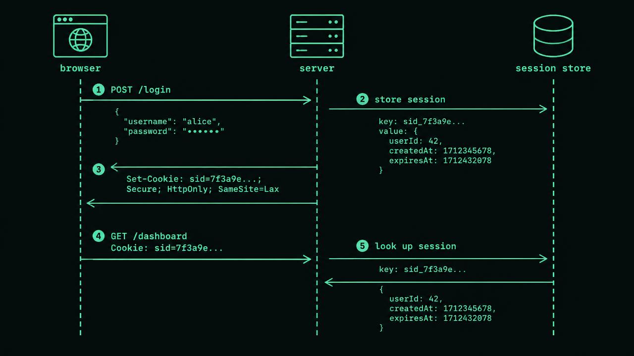 Sequence diagram with browser, application, and session store columns. Login response sets sid with Secure, HttpOnly, and SameSite=Lax. Next request carries Cookie sid; application looks up identity and expiry in store. Logout deletes the record, and a replay of the old token receives 401.