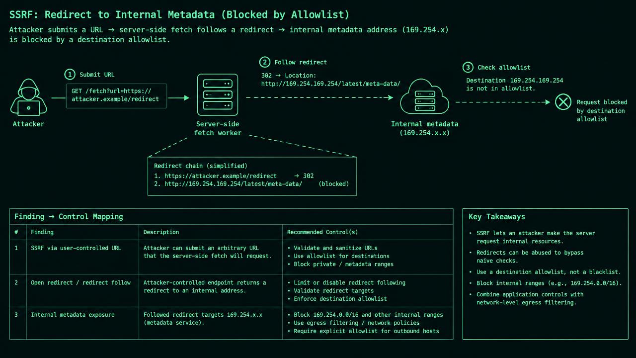 An attacker sends a preview URL to a fetch worker. A destination gate permits an approved external host but a redirect arrow points toward 169.254.0.0/16. A second validation gate blocks that redirect, while an independent egress boundary separates the worker from private administration services.
