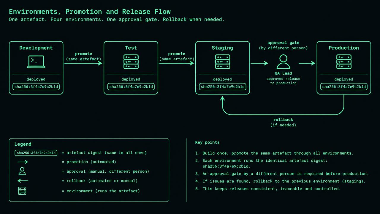 Four boxes labelled development, test, staging and production connected by promotion arrows. A single artefact labelled release 42, digest D42 follows the arrows. Separate credential and database boxes sit beneath each environment. An independent approval gate precedes production; a crossed arrow blocks test credentials from production.