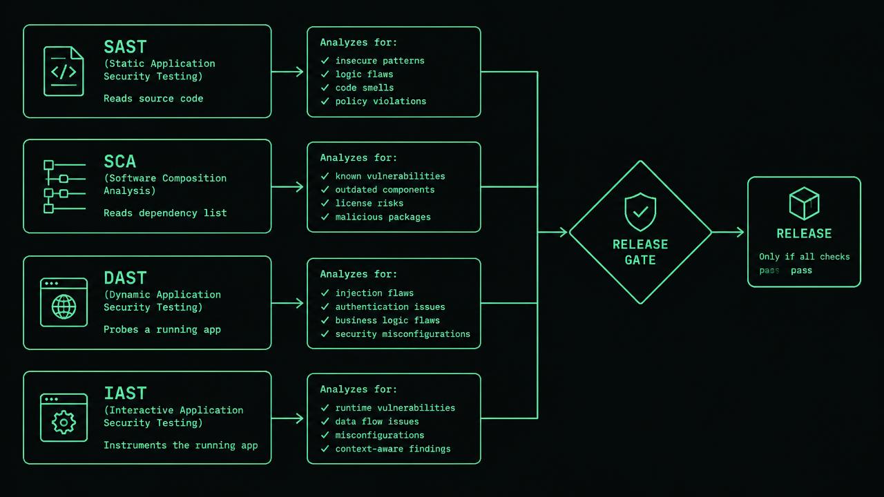 Four parallel testing lanes feed a release gate: SAST reads source revision, SCA reads dependency inventory, DAST sends requests to a running test service, and IAST observes probes inside that service. A separate code-review lane checks authorization logic. Each lane carries a revision or artifact digest label.