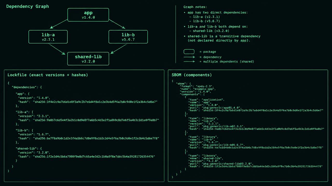 Dependency graph with messenger at top, direct edges to template-kit 2.4 and report-kit 3.0, and two transitive edges to text-parser 1.8. Beside it, a lockfile table shows exact versions, registry origins and integrity digests; a crossed-out public fallback arrow targets an internal namespace.