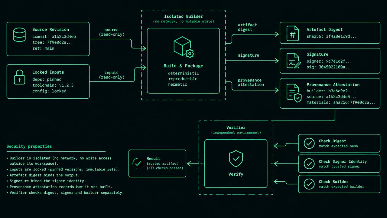 Source revision and locked inputs feed an isolated builder, producing artefact digest D and signed provenance with subject D, builder identity and revision. A deployment gate compares downloaded digest D, approved signer and attested source; separate red reject arrows mark digest mismatch and untrusted builder.