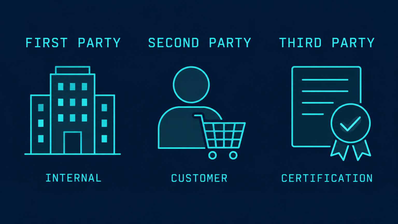 First party internal audit, second party customer audit, third party certification audit.