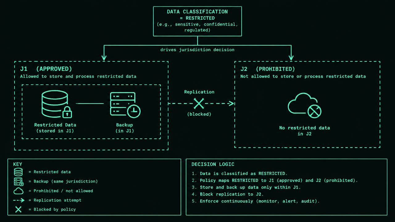 Two jurisdiction boxes labeled J1 approved and J2 prohibited. Inside J1, restricted patient data flows to primary object storage and a backup vault. A red blocked arrow points to a J2 replica. A dashed remote support arrow crosses the boundary, labeled legal authority review, distinct from the storage arrows.