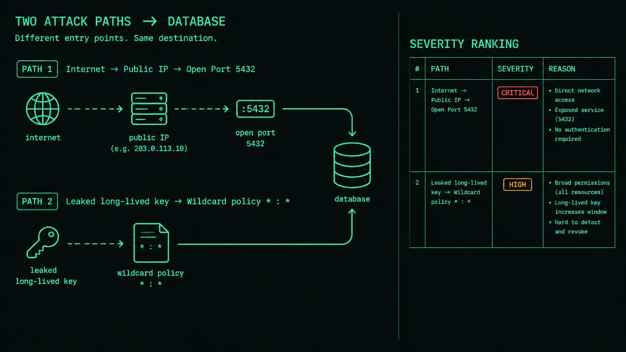 Two attack paths converge on a shipment database. One arrow runs from internet client through public address, default route and TCP 5432 ingress from 0.0.0.0/0. Another runs from a 210-day machine credential through account-wide administration. Red cut marks label network restriction and credential revocation.