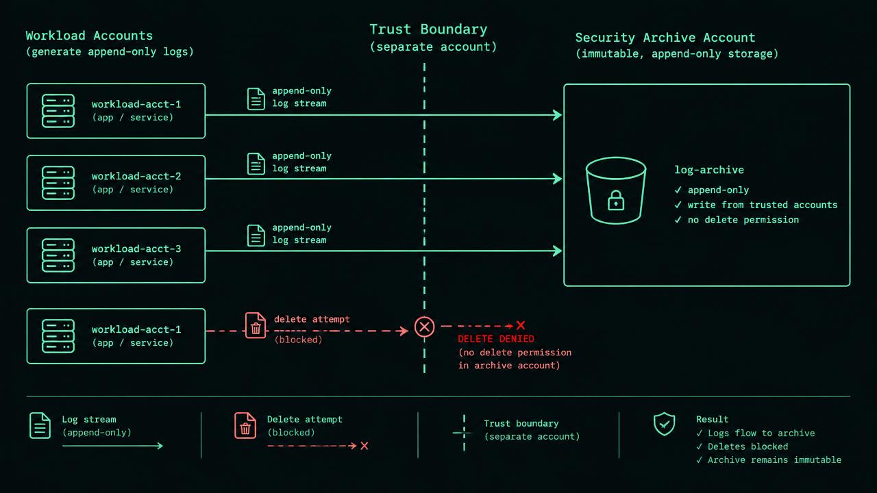 Three workload-account boxes send append-only arrows across a trust boundary to a security-account archive. A blocked delete arrow returns from workload administrators. Inside the archive, searchable days 1-90 lead to retained days 91-365; a five-minute heartbeat feeds a fifteen-minute missing-delivery alarm.