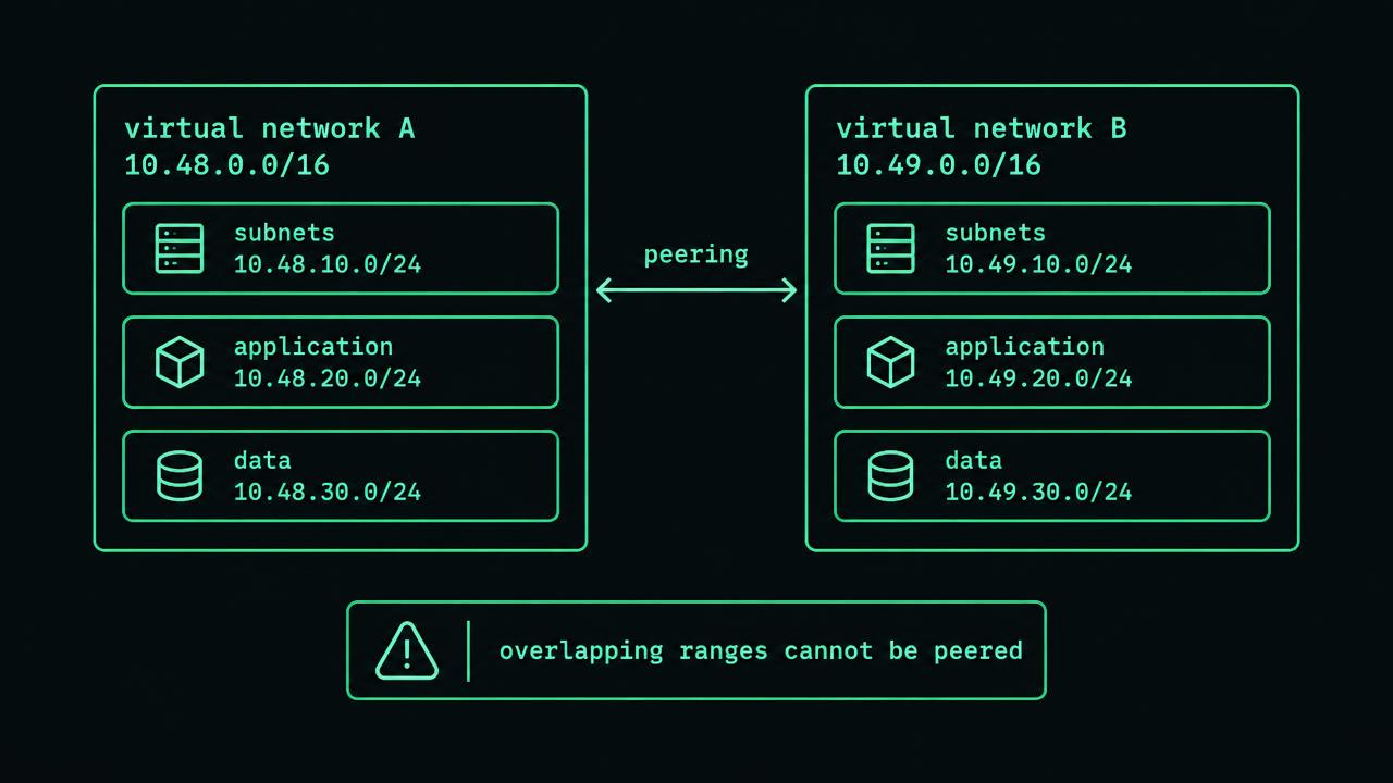 A large box labelled virtual network 10.48.0.0/16 contains entry 10.48.10.0/24, application 10.48.20.0/24 and data 10.48.30.0/24 boxes. Below, the application block splits into four equal /26 boxes labelled .0, .64, .128 and .192, each marked 64 addresses.