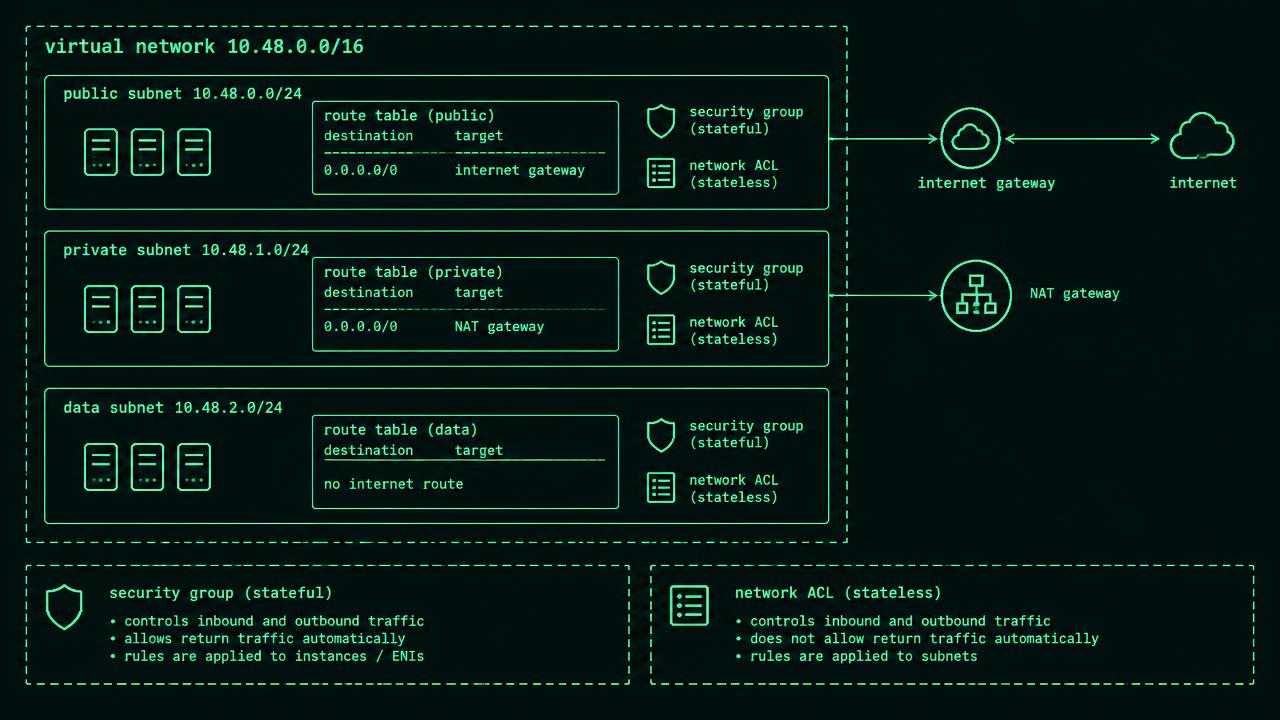 Three subnet boxes show entry 10.48.10.0/24, application 10.48.20.0/24 and data 10.48.30.0/24. Application default-route arrows lead to a NAT gateway in entry, then an internet gateway and the internet. A return arrow follows the mapping; an unsolicited inbound arrow is crossed out. Data has no default route.
