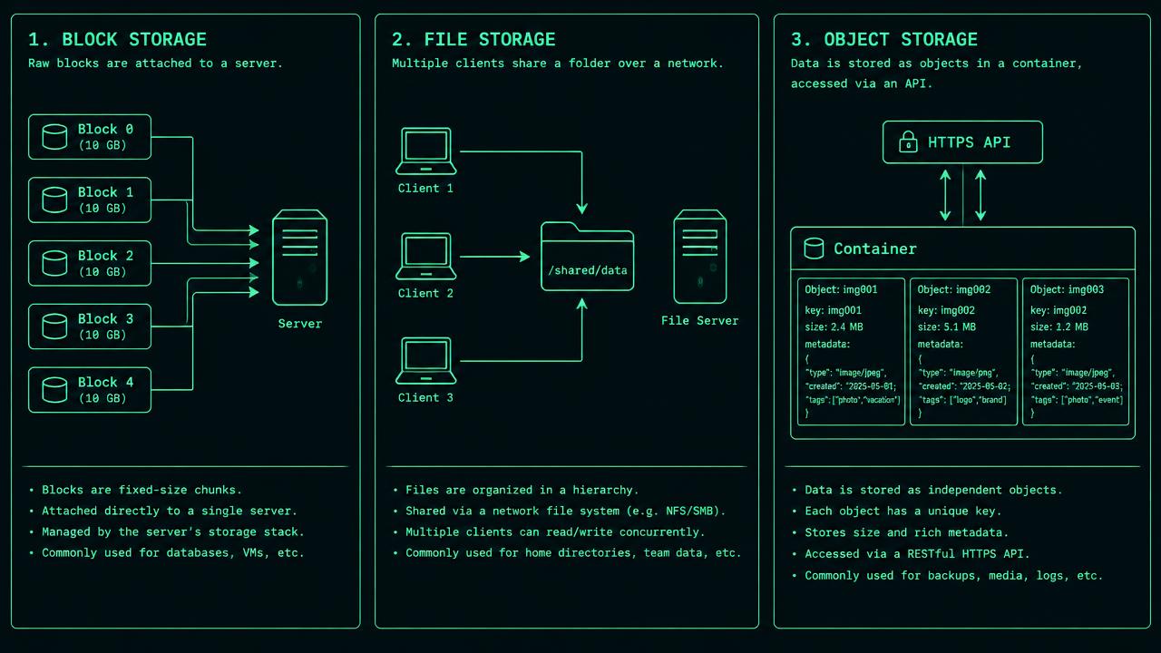 Three parallel lanes show a database writing page 16 KiB to four numbered 4 KiB blocks, two clients opening a shared directory path through locking, and an export client sending a complete object to key exports/day-01 with metadata and version identifier.