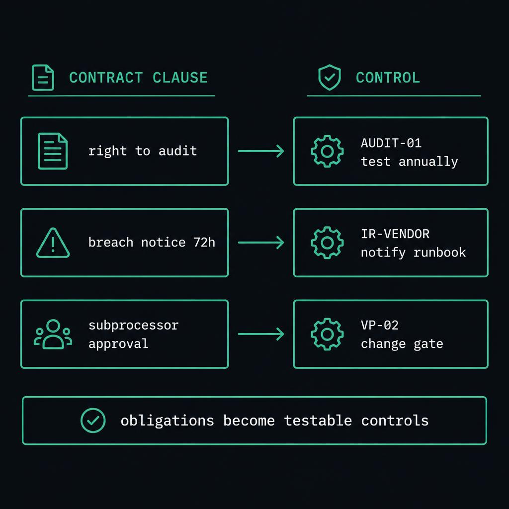 Contract clauses, right to audit, 72-hour breach notice, subprocessor approval, each mapped by an arrow to a testable control with an id.