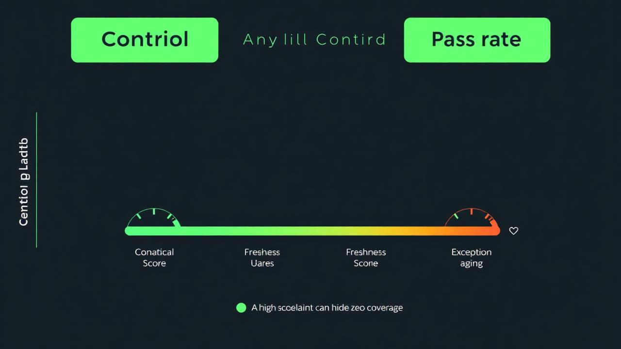Control scorecard table with columns for coverage, freshness, pass rate and exception aging across several controls, with one row showing high pass rate but very low coverage.