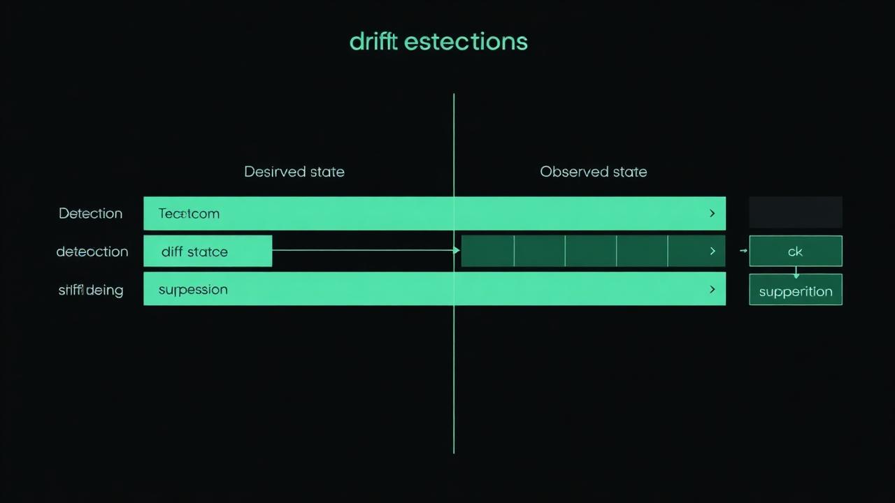 Declared state and observed state feeding a comparison box that emits a diff record with resource, attribute, declared value, observed value and first-seen timestamp.