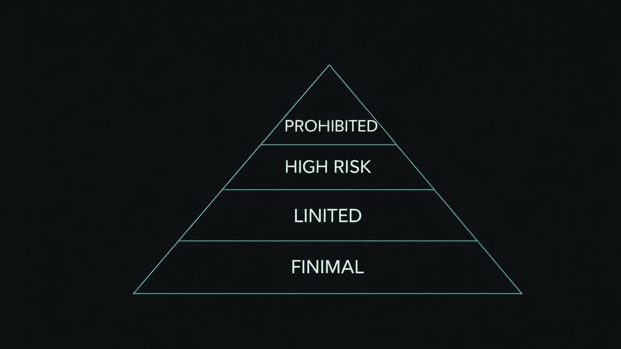 Risk pyramid with prohibited practices at the top, then high risk, limited risk and minimal risk tiers.