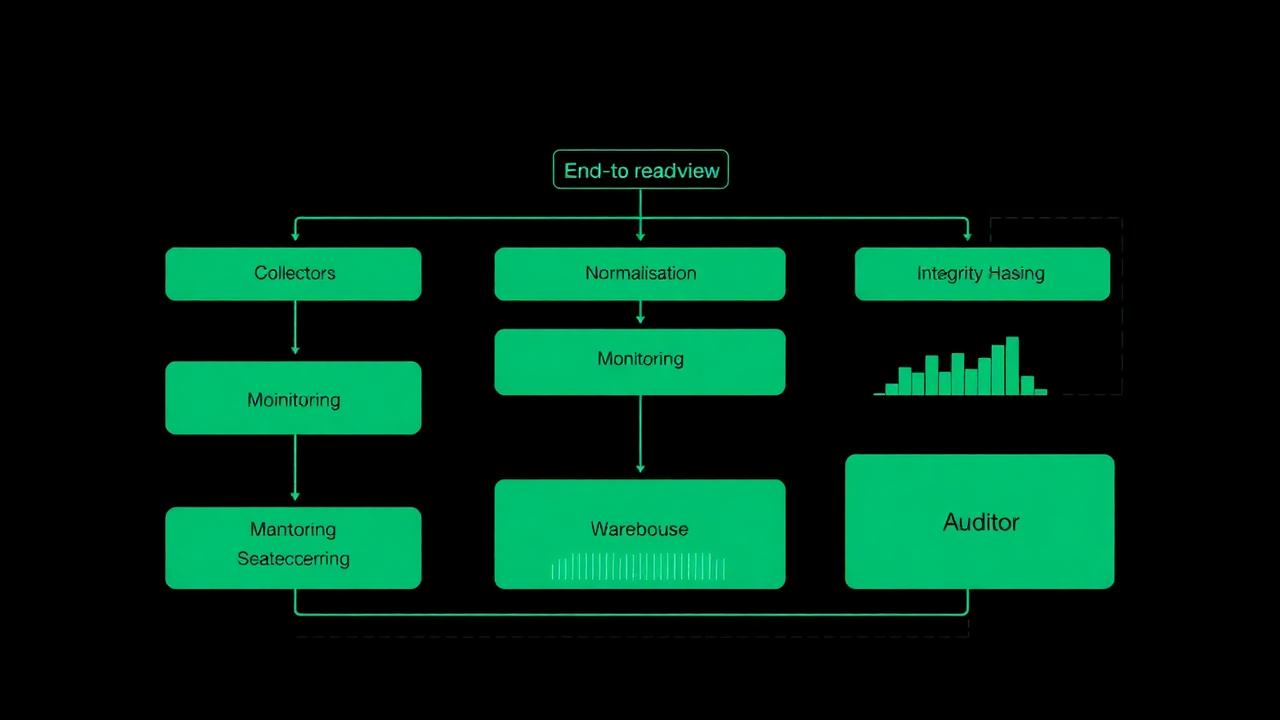 End-to-end evidence architecture: catalog, collectors, immutable store, monitors, metrics and report, with a control id threading through every component.