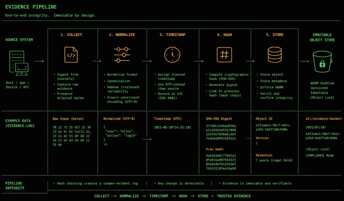 Evidence pipeline stages from source system through collect, normalize, timestamp, hash and store into an immutable object store.