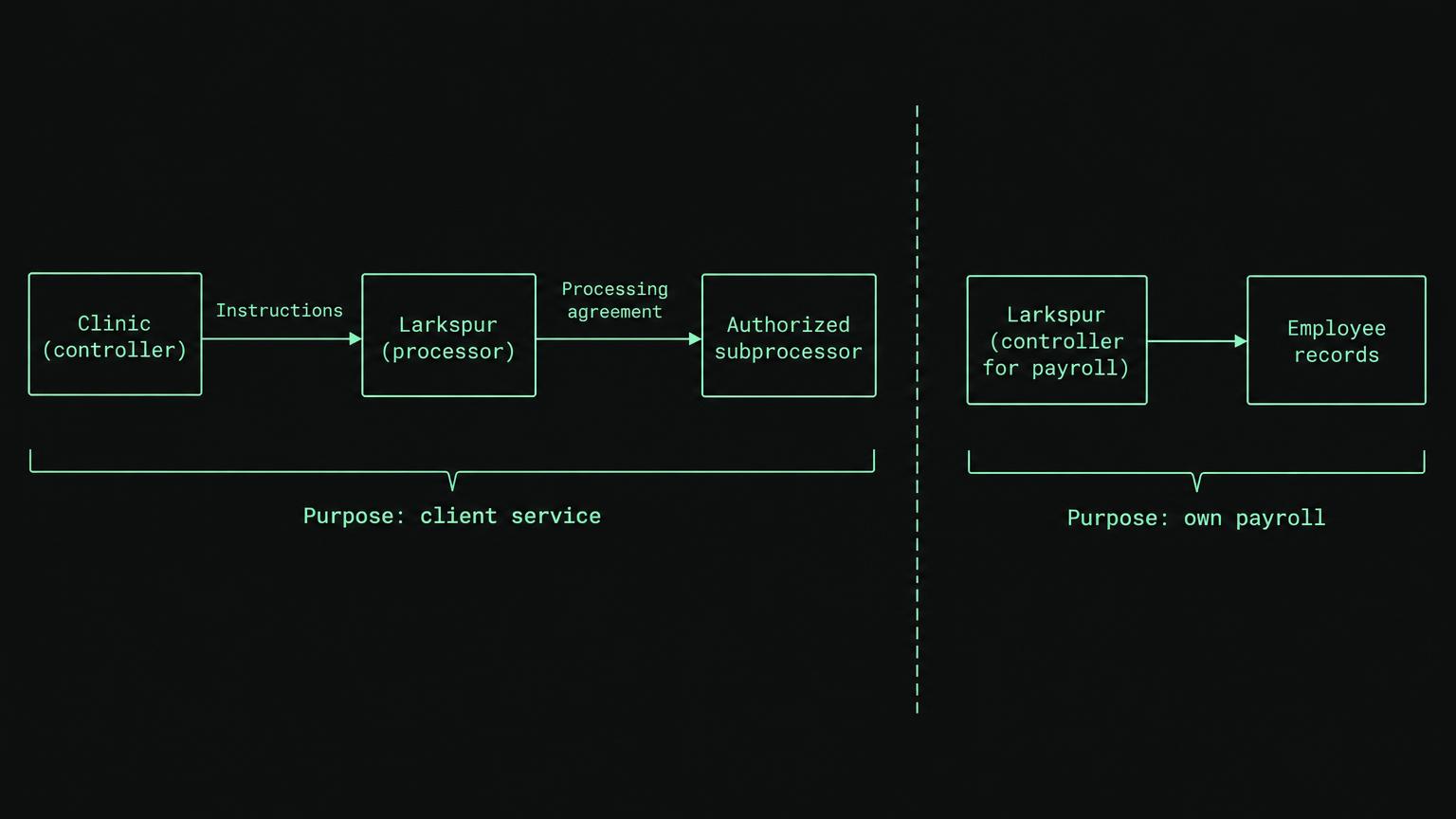 Dark technical diagram with mint boxes labeled Clinic controller, Larkspur processor, and Authorized subprocessor linked by arrows labeled Instructions and Processing agreement. A separate Larkspur payroll controller box points to Employee records; a divider separates the two processing purposes.