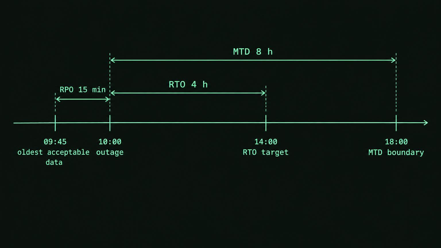 Dark technical diagram with mint lines: a horizontal timeline marks 09:45 oldest acceptable data, 10:00 outage, 14:00 RTO target, and 18:00 MTD boundary. A bracket from 09:45 to 10:00 is labelled RPO 15 minutes; brackets from 10:00 to 14:00 and 18:00 are labelled RTO 4 hours and MTD 8 hours.