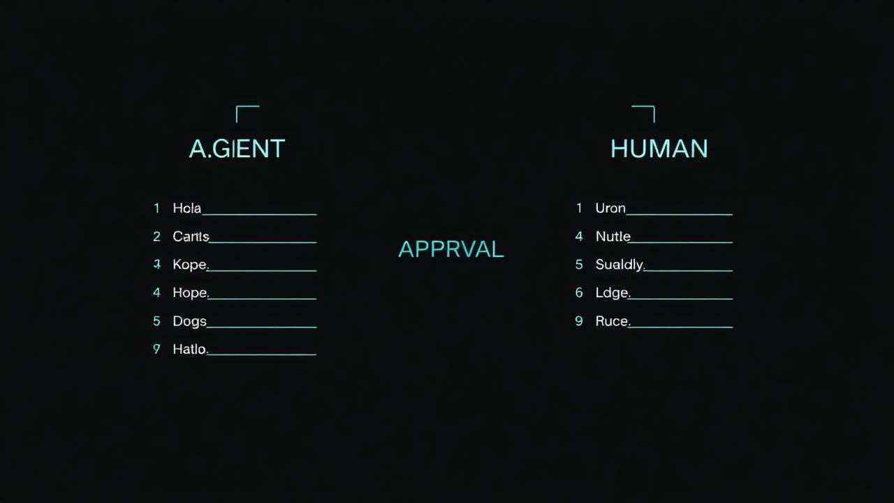 Two columns showing agent responsibilities such as planning and collecting versus human responsibilities such as judging and approving, separated by an approval gate.