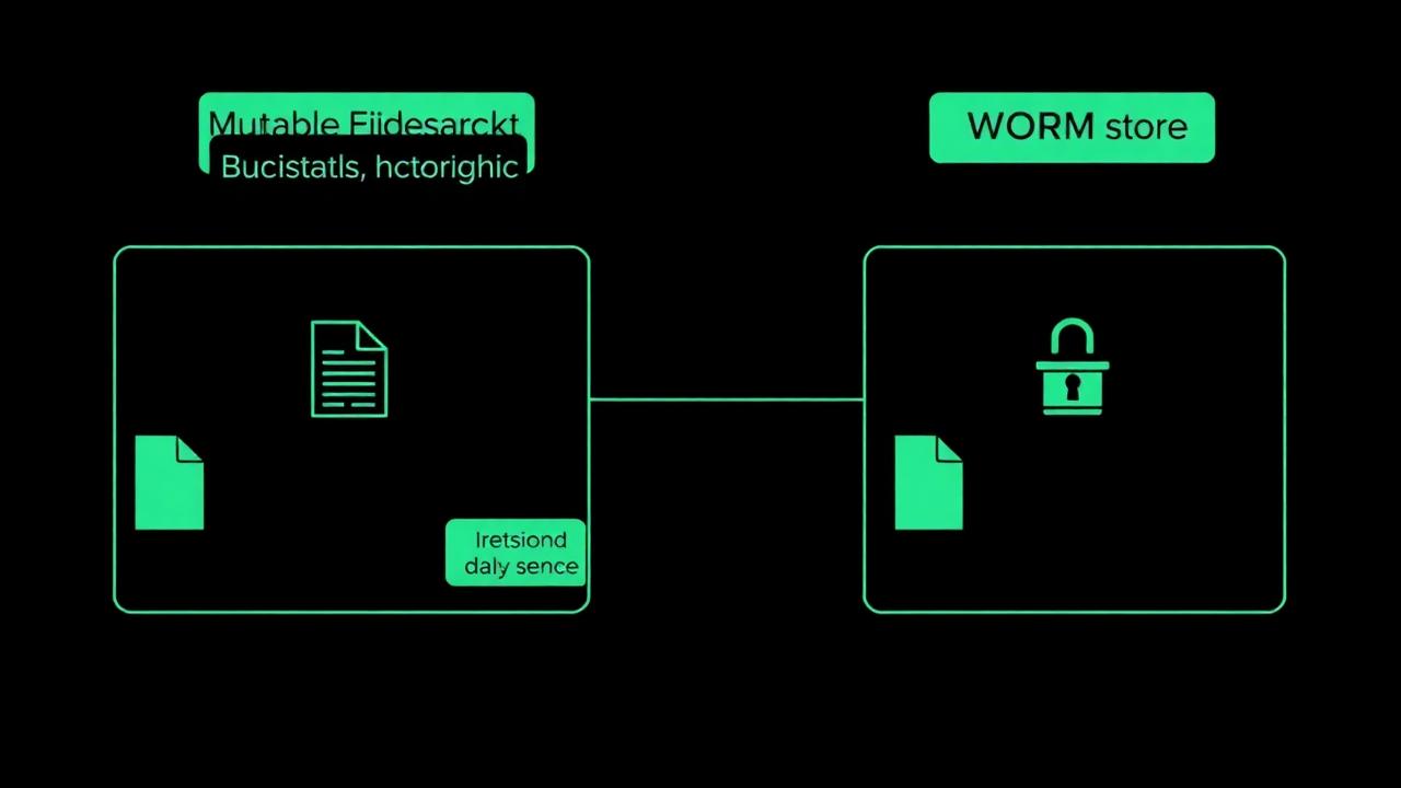 Two storage paths side by side: a mutable bucket where a later write silently replaces an artefact, and a write-once store where the original object and its digest remain readable.