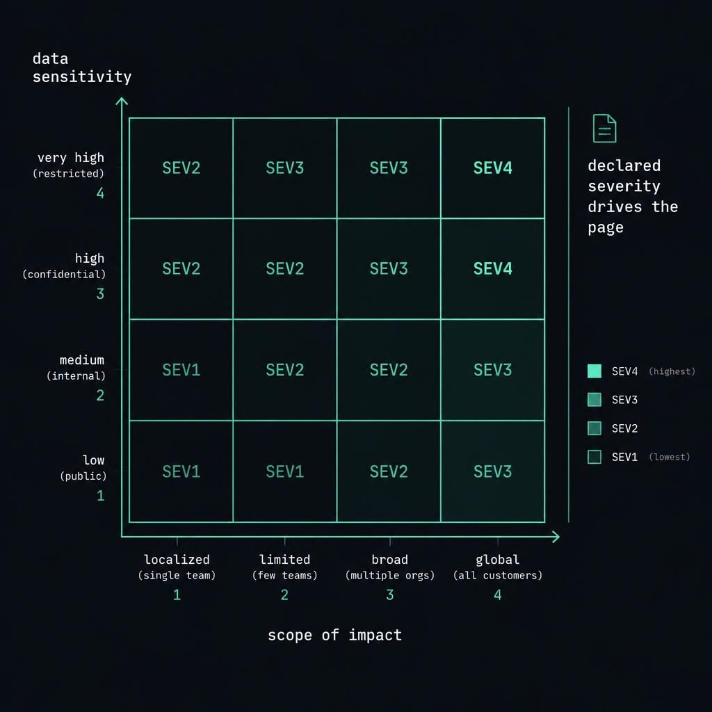 A four-by-four severity matrix crossing scope of impact with data sensitivity, with SEV1 to SEV4 cells and a note that declared severity drives the page.