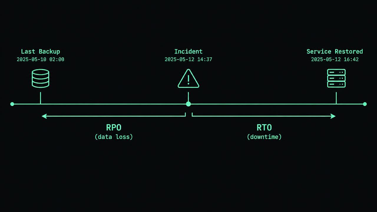 Technical diagram titled Recovery targets are different clocks, with three outlined boxes labeled "Expected state", "Observed state" and "Evidence". Arrows show comparison and collection. A lower branch labeled "Mismatch or missing observation" leads to an exception queue with owner and timestamp fields.