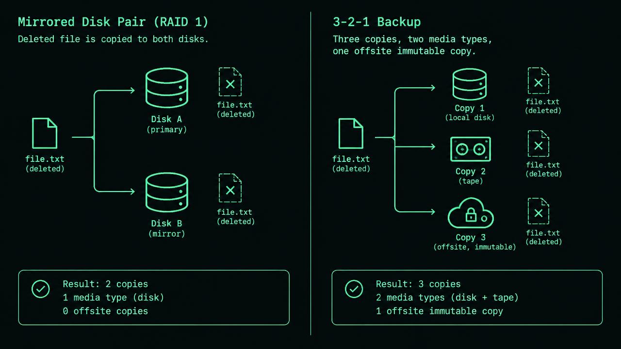Technical diagram titled Redundancy does not replace backup, with three outlined boxes labeled "Expected state", "Observed state" and "Evidence". Arrows show comparison and collection. A lower branch labeled "Mismatch or missing observation" leads to an exception queue with owner and timestamp fields.