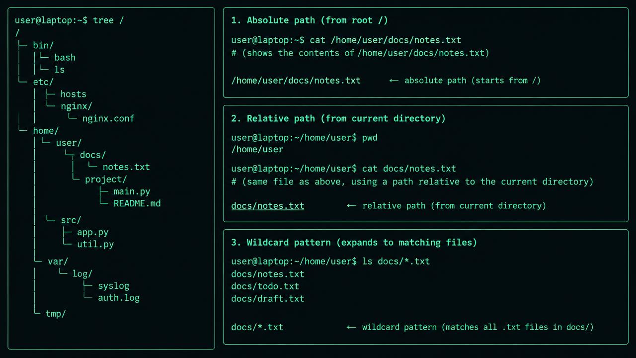 Technical diagram titled Paths and expansion, with three outlined boxes labeled "Expected state", "Observed state" and "Evidence". Arrows show comparison and collection. A lower branch labeled "Mismatch or missing observation" leads to an exception queue with owner and timestamp fields.