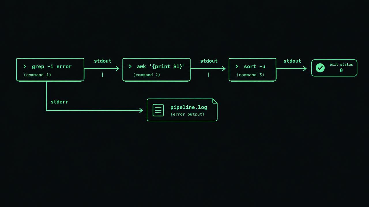Technical diagram titled Streams, pipes and statuses, with three outlined boxes labeled "Expected state", "Observed state" and "Evidence". Arrows show comparison and collection. A lower branch labeled "Mismatch or missing observation" leads to an exception queue with owner and timestamp fields.