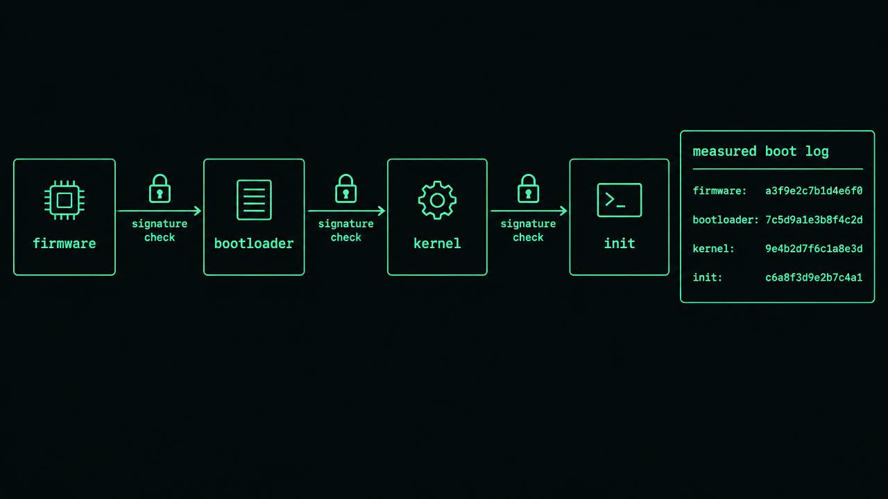 Technical diagram titled Firmware and the boot chain, with three outlined boxes labeled "Expected state", "Observed state" and "Evidence". Arrows show comparison and collection. A lower branch labeled "Mismatch or missing observation" leads to an exception queue with owner and timestamp fields.