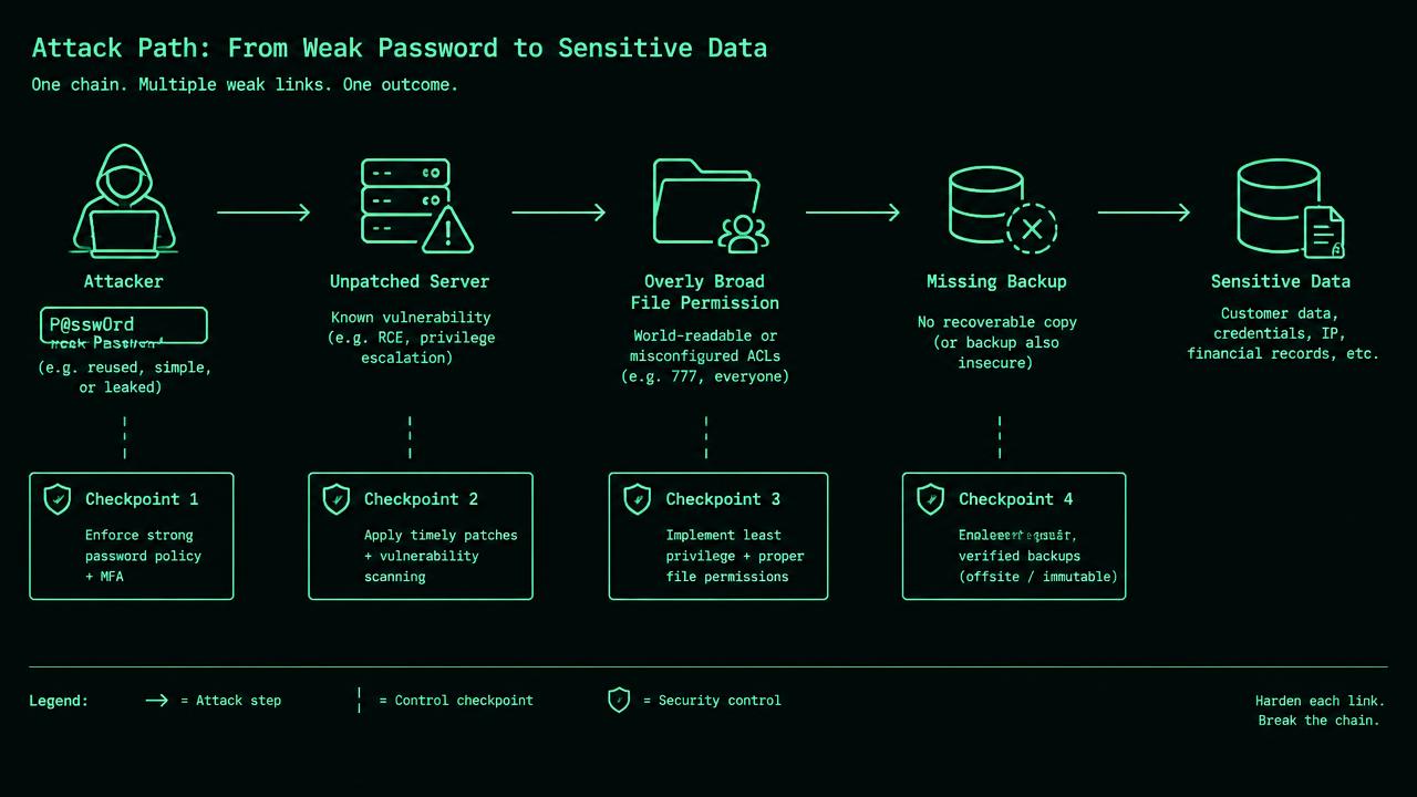 Technical diagram titled Follow attack paths across controls, with three outlined boxes labeled "Expected state", "Observed state" and "Evidence". Arrows show comparison and collection. A lower branch labeled "Mismatch or missing observation" leads to an exception queue with owner and timestamp fields.