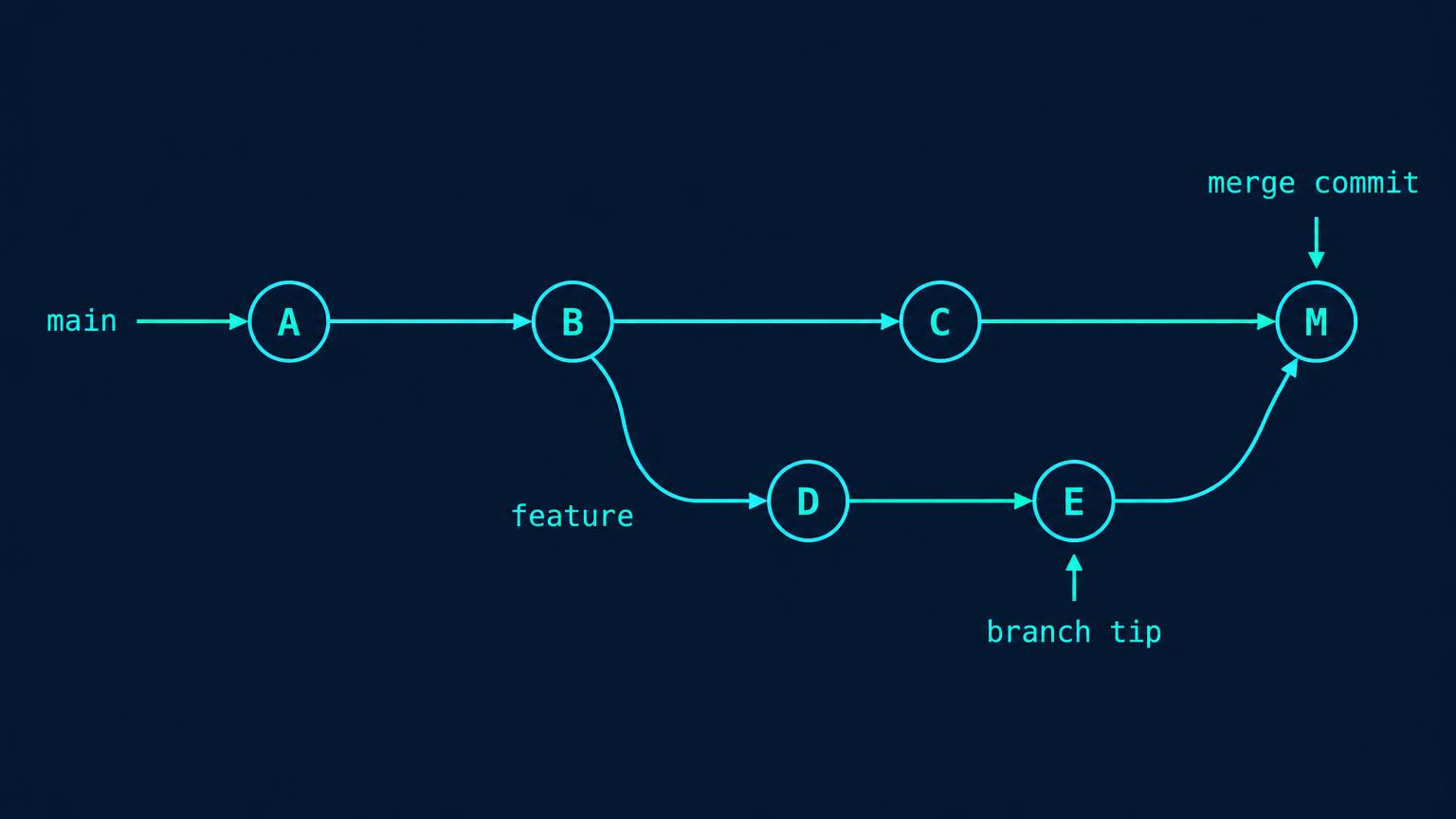 Commit graph main A to B to C, feature branches from B to D to E, merge node M with parents C and E. Distinct labels branch tip and merge commit; small fast-forward inset.