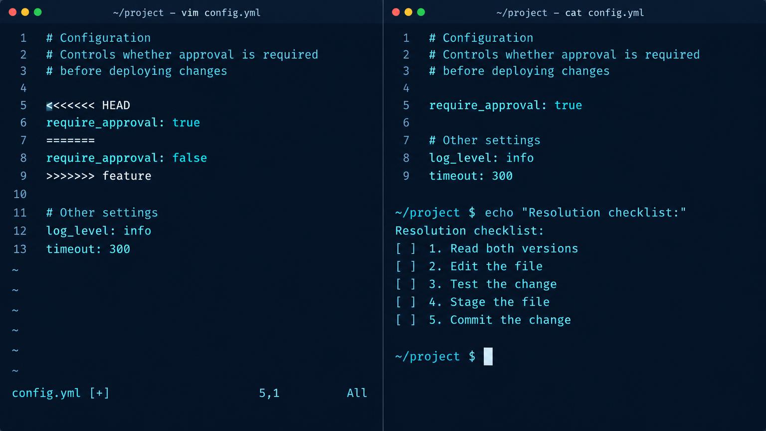 Split terminal: conflicted approval setting surrounded by literal conflict markers, resolved require_approval true on right. Checklist read both intents, edit, test, stage, commit; no automatic choose ours button.
