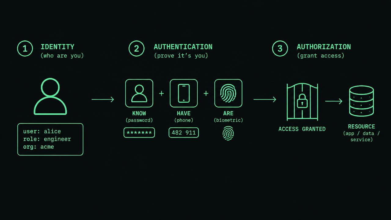 Technical diagram titled Identity, authentication and authorization, with three outlined boxes labeled "Expected state", "Observed state" and "Evidence". Arrows show comparison and collection. A lower branch labeled "Mismatch or missing observation" leads to an exception queue with owner and timestamp fields.