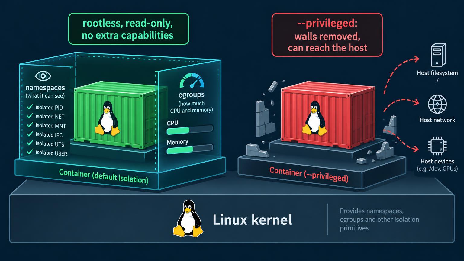 Linux kernel at the bottom. Left container in green, wrapped by namespaces and cgroups meters for CPU and memory, labelled rootless, read-only, no extra capabilities. Right container in red with broken walls, labelled privileged, reaching the host filesystem, network and devices.