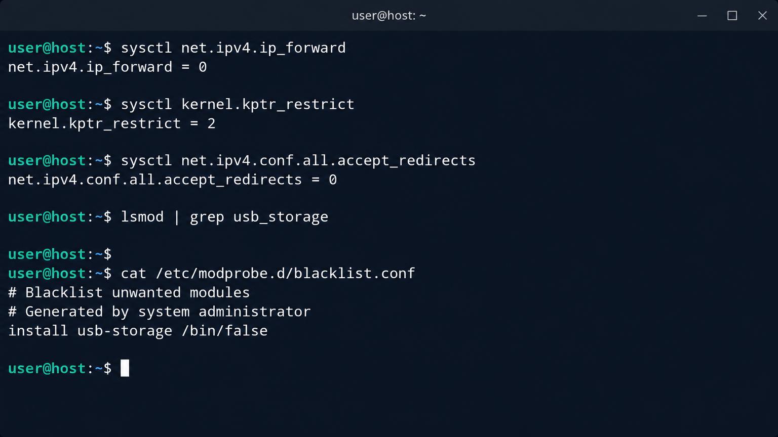 Terminal: sysctl shows net.ipv4.ip_forward = 0, kernel.kptr_restrict = 2 and accept_redirects = 0. lsmod grep usb_storage returns nothing. /etc/modprobe.d/blacklist.conf contains install usb-storage /bin/false.