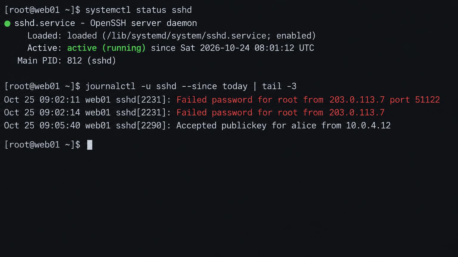 Terminal: systemctl status sshd shows active (running) and enabled. journalctl -u sshd shows two red Failed password for root lines from 203.0.113.7 and one Accepted publickey for alice from 10.0.4.12.