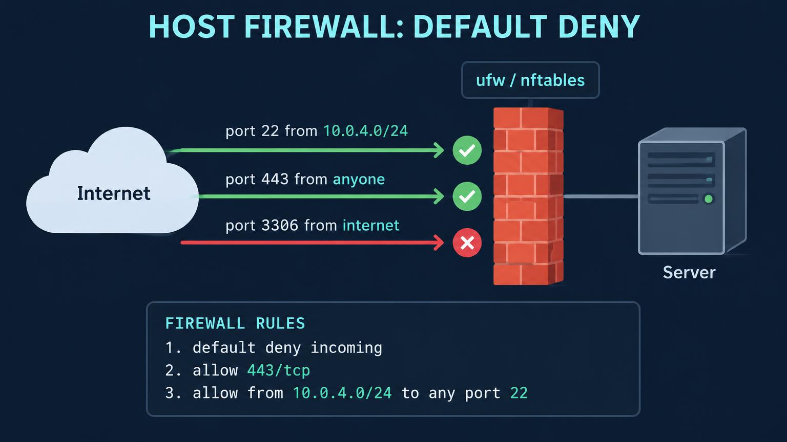 Internet cloud sending three arrows to a brick firewall labelled ufw or nftables in front of a server. Port 22 from 10.0.4.0/24 allowed, port 443 from anyone allowed, port 3306 from internet blocked. Rule list below.
