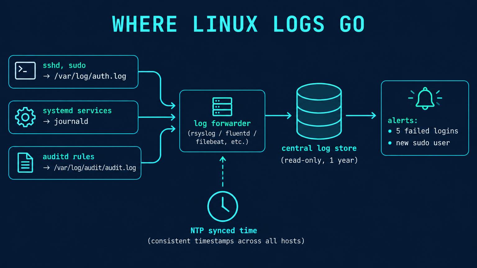 sshd and sudo to /var/log/auth.log, systemd services to journald, and auditd rules to /var/log/audit/audit.log all flow into a log forwarder, then a read-only central log store kept one year, then alerts for 5 failed logins and new sudo user. NTP clock feeds consistent time.