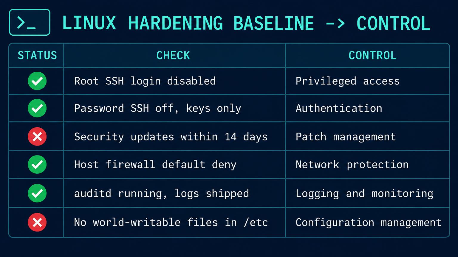 Table with status, check and control columns. Green: root SSH login disabled, password SSH off, host firewall default deny, auditd running. Red: security updates within 14 days, no world-writable files in /etc.