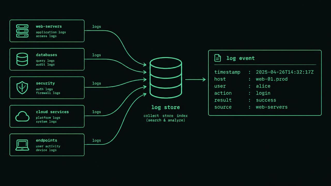 Technical diagram titled Events with enough context, with three outlined boxes labeled "Expected state", "Observed state" and "Evidence". Arrows show comparison and collection. A lower branch labeled "Mismatch or missing observation" leads to an exception queue with owner and timestamp fields.