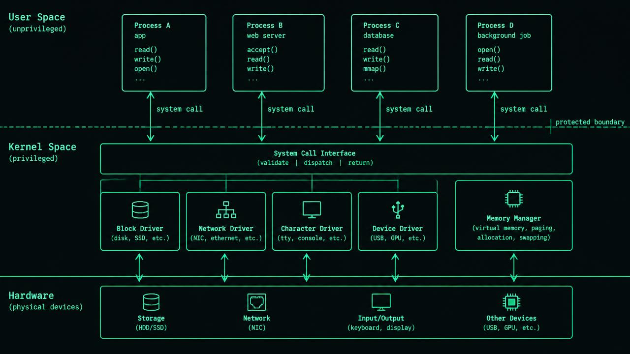 Technical diagram titled Kernel and user space, with three outlined boxes labeled "Expected state", "Observed state" and "Evidence". Arrows show comparison and collection. A lower branch labeled "Mismatch or missing observation" leads to an exception queue with owner and timestamp fields.