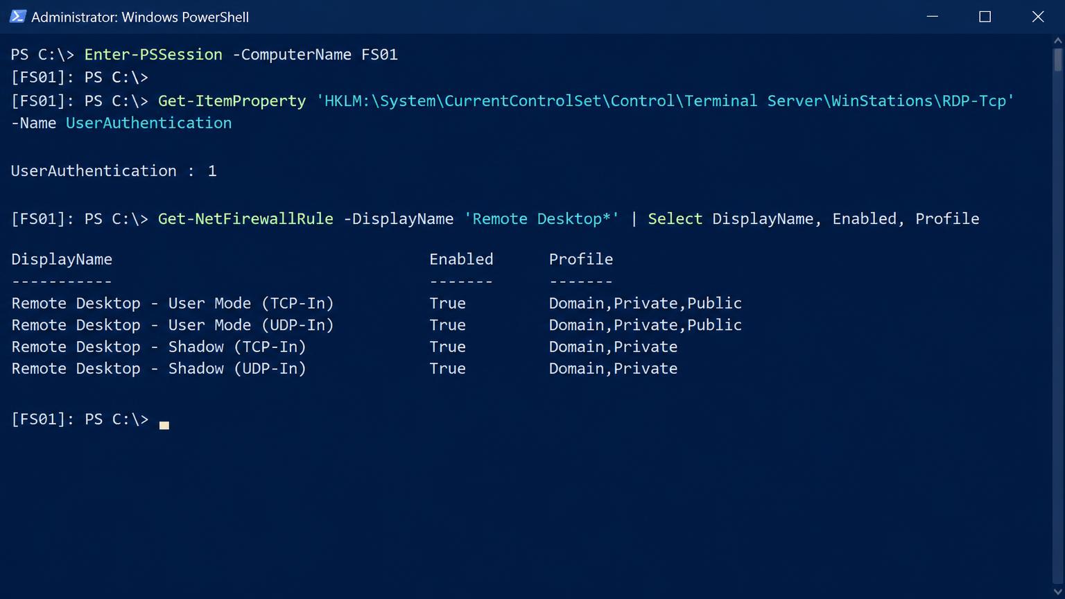 PowerShell: Enter-PSSession to FS01, Get-ItemProperty on the RDP-Tcp registry key shows UserAuthentication 1, and Get-NetFirewallRule lists Remote Desktop rules enabled with their profiles.