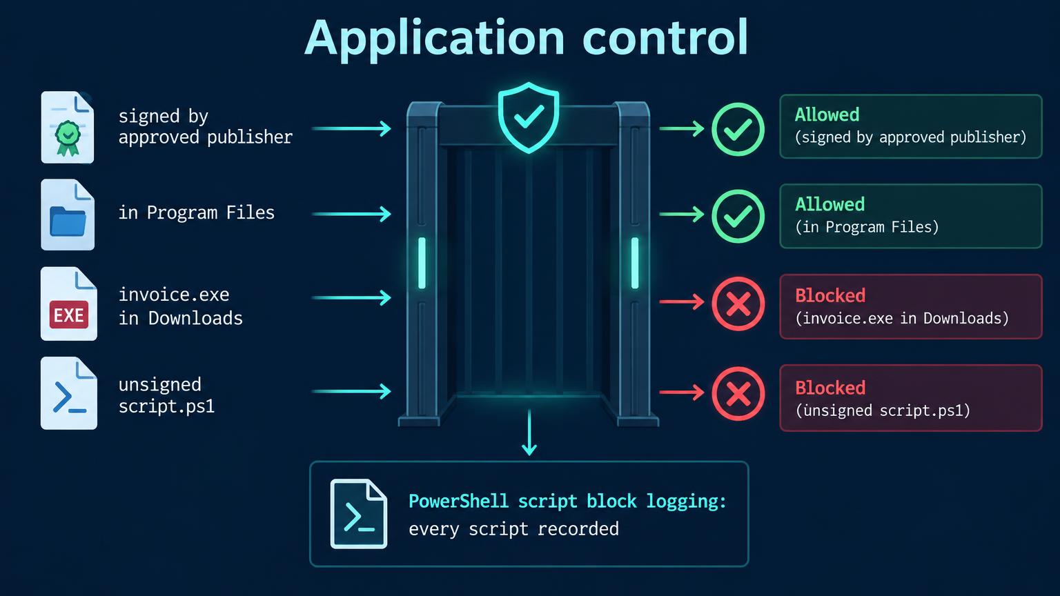 Files arrive at a gate. Signed by approved publisher and in Program Files are allowed. invoice.exe in Downloads and an unsigned script.ps1 are blocked. Below, PowerShell script block logging records every script.