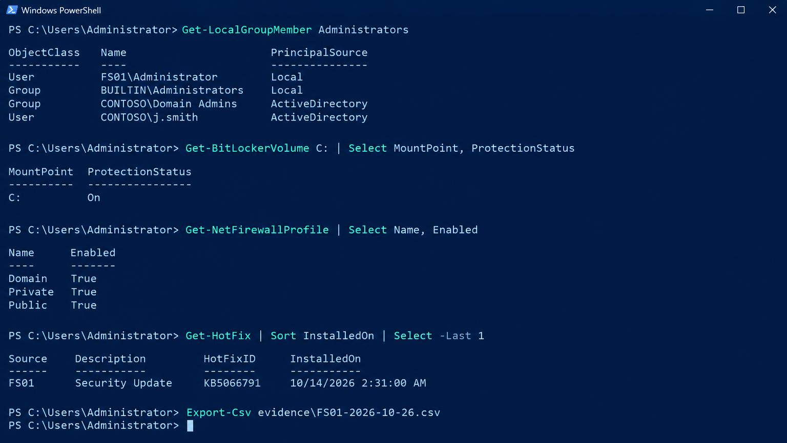 PowerShell: Get-LocalGroupMember Administrators table, Get-BitLockerVolume shows C: protection On, Get-NetFirewallProfile shows Domain, Private and Public enabled, Get-HotFix shows the latest security update, and Export-Csv saves the evidence file.