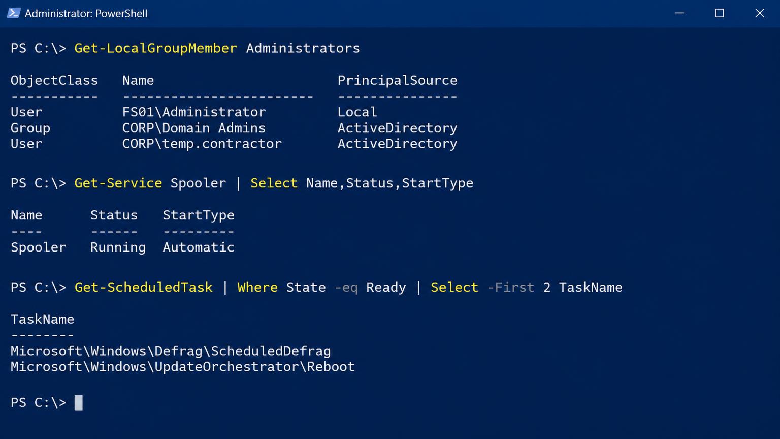 PowerShell window. Get-LocalGroupMember Administrators lists FS01\Administrator, CORP\Domain Admins and CORP\temp.contractor. Get-Service Spooler shows Running and Automatic. Get-ScheduledTask lists two task names.